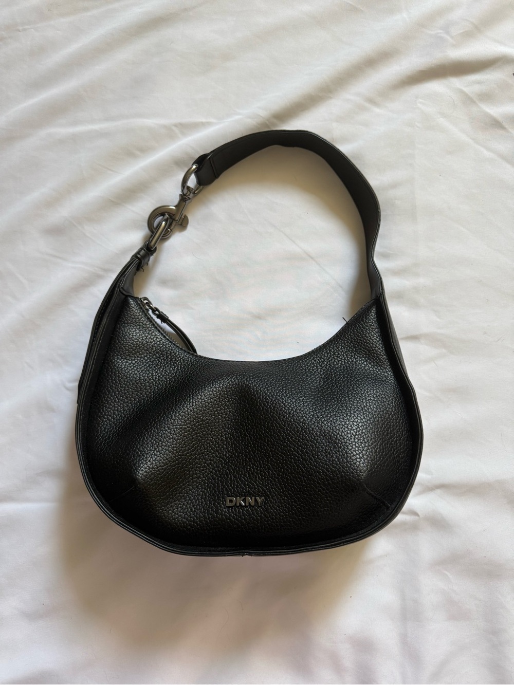 DKNY Black Pebbled Faux Leather Half Moon Shoulder Bag Purse Gunmetal Hardware